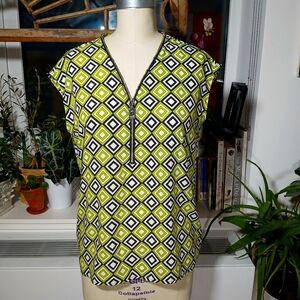 5/$25 Michael Kors Sleeveless Blouse Green Geometric Half Zip Women's Size M